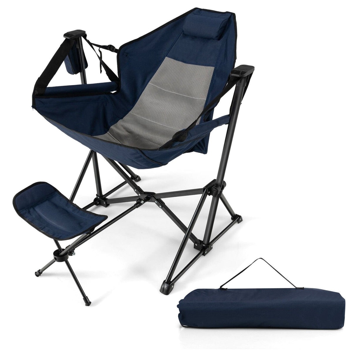 Chaise de camping hamac avec repose-pieds rétractable et sac de transport-Bleu marine