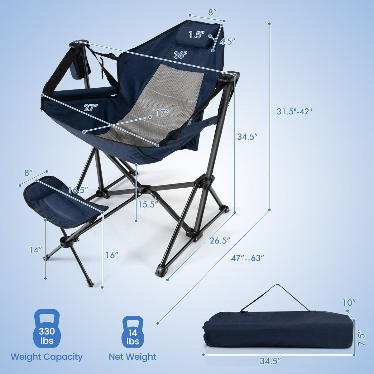 Chaise de camping hamac avec repose-pieds rétractable et sac de transport-Bleu marine