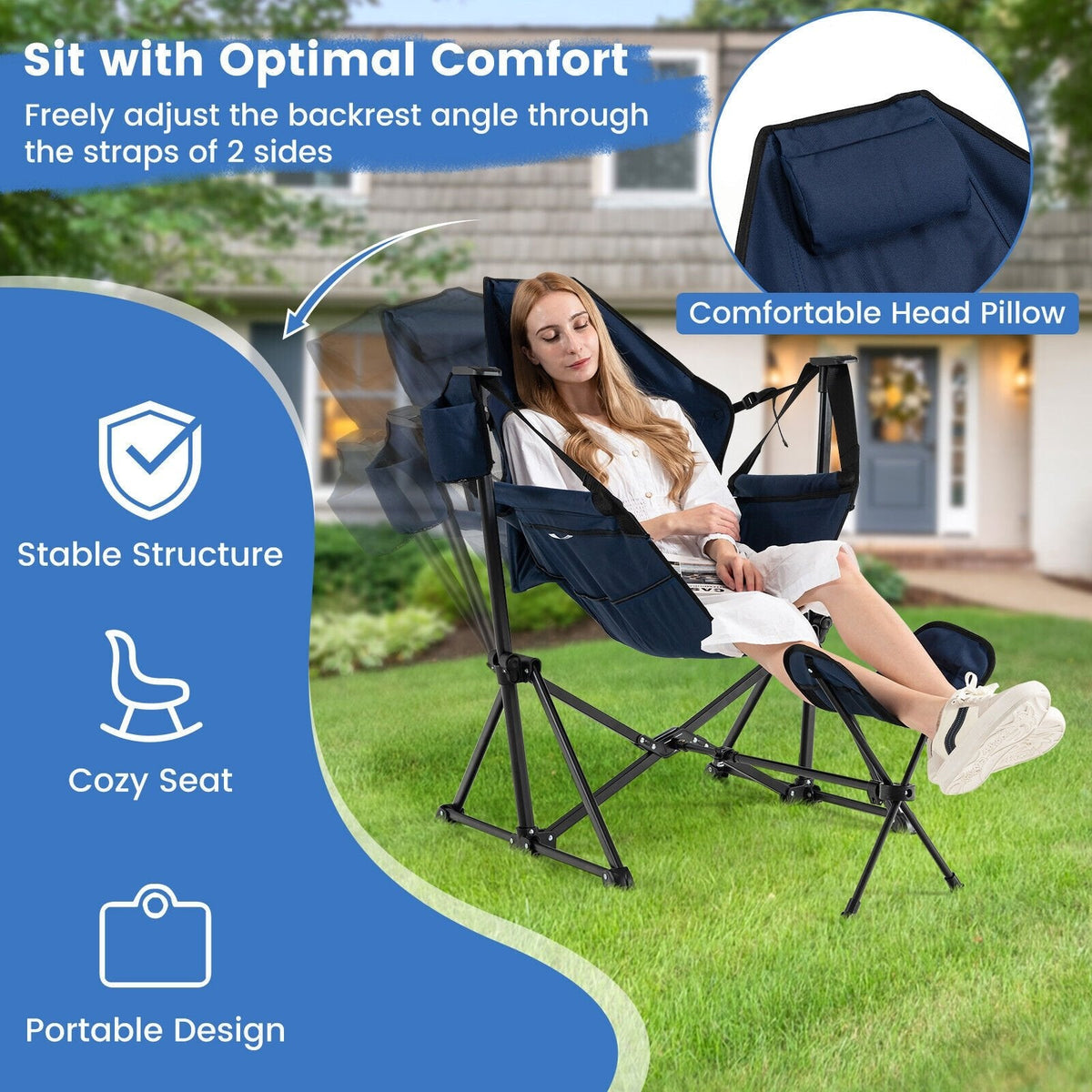 Chaise de camping hamac avec repose-pieds rétractable et sac de transport-Bleu marine