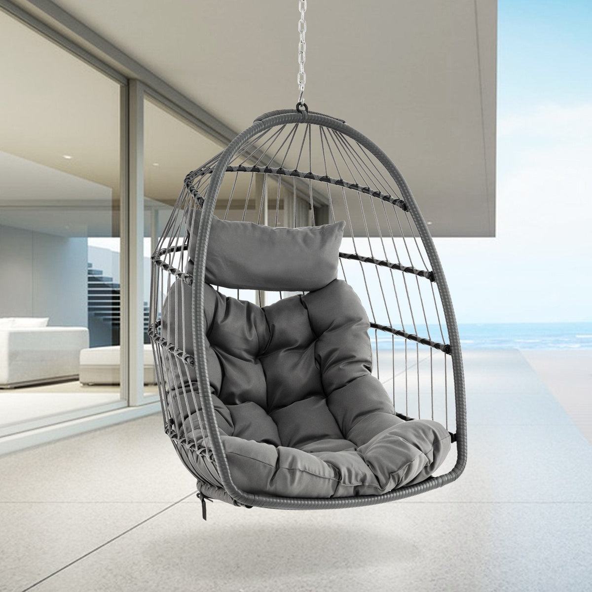 Fauteuil suspendu en forme d'œuf avec coussin de tête et grand coussin d'assise - Gris