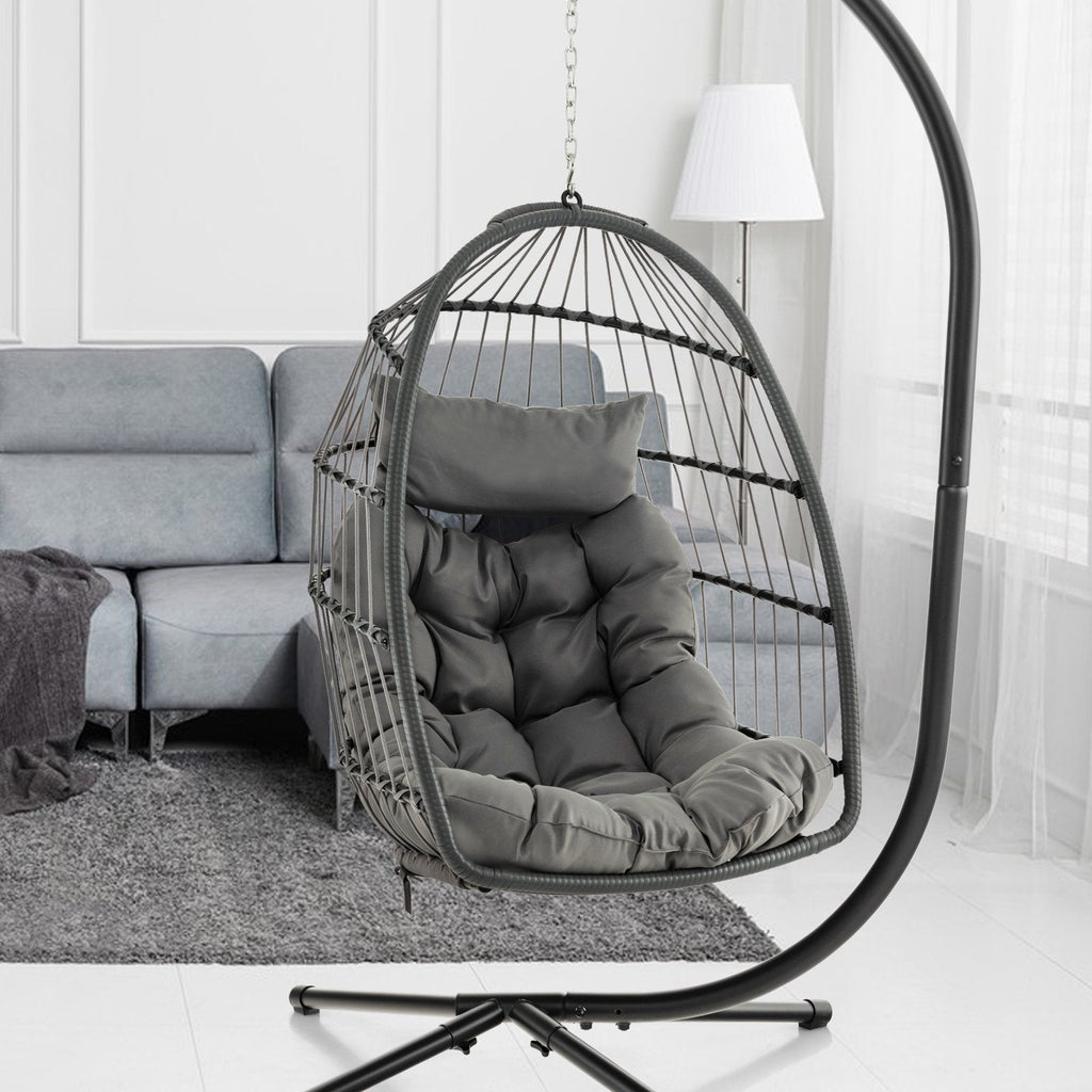 Fauteuil suspendu en forme d'œuf avec coussin de tête et grand coussin d'assise - Gris