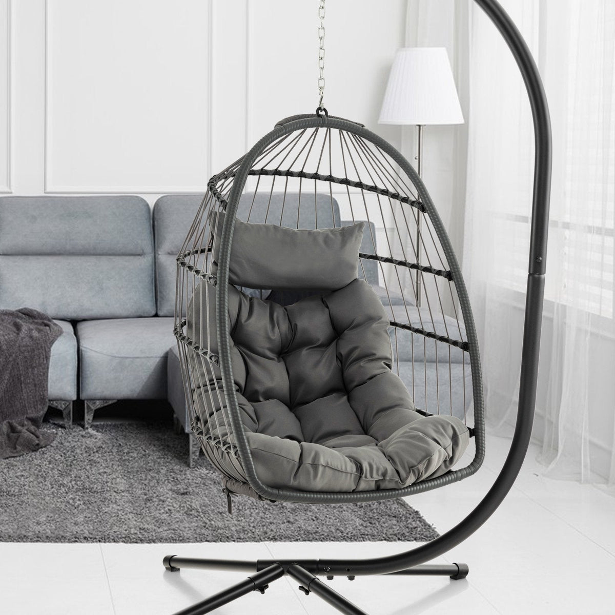 Fauteuil suspendu en forme d'œuf avec coussin de tête et grand coussin d'assise - Gris