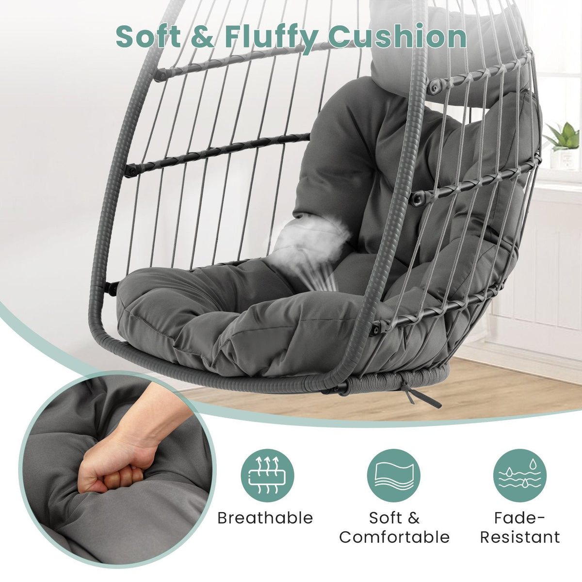 Fauteuil suspendu en forme d'œuf avec coussin de tête et grand coussin d'assise - Gris
