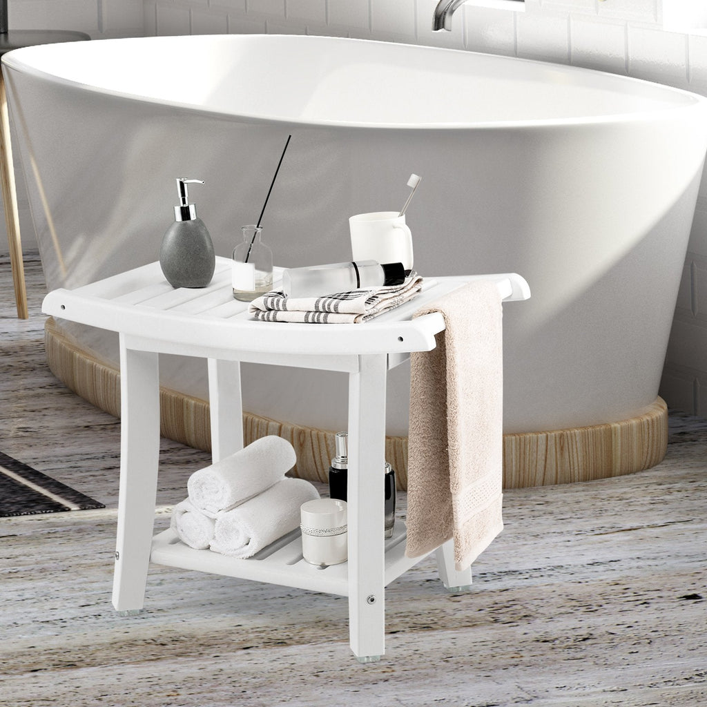 Tabouret de Bain Étanche Robuste avec Siège Incurvé et Étagère de Rangement - Blanc