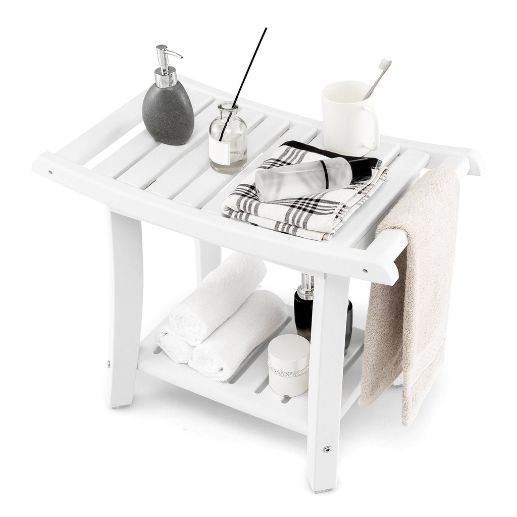 Tabouret de Bain Étanche Robuste avec Siège Incurvé et Étagère de Rangement - Blanc