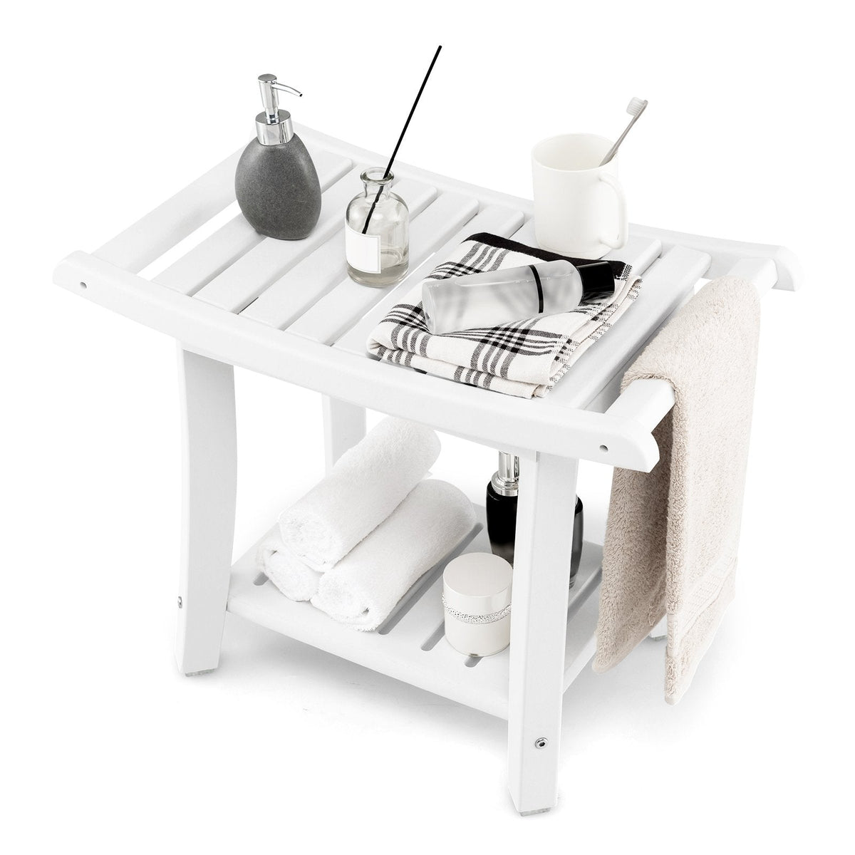 Tabouret de Bain Étanche Robuste avec Siège Incurvé et Étagère de Rangement - Blanc
