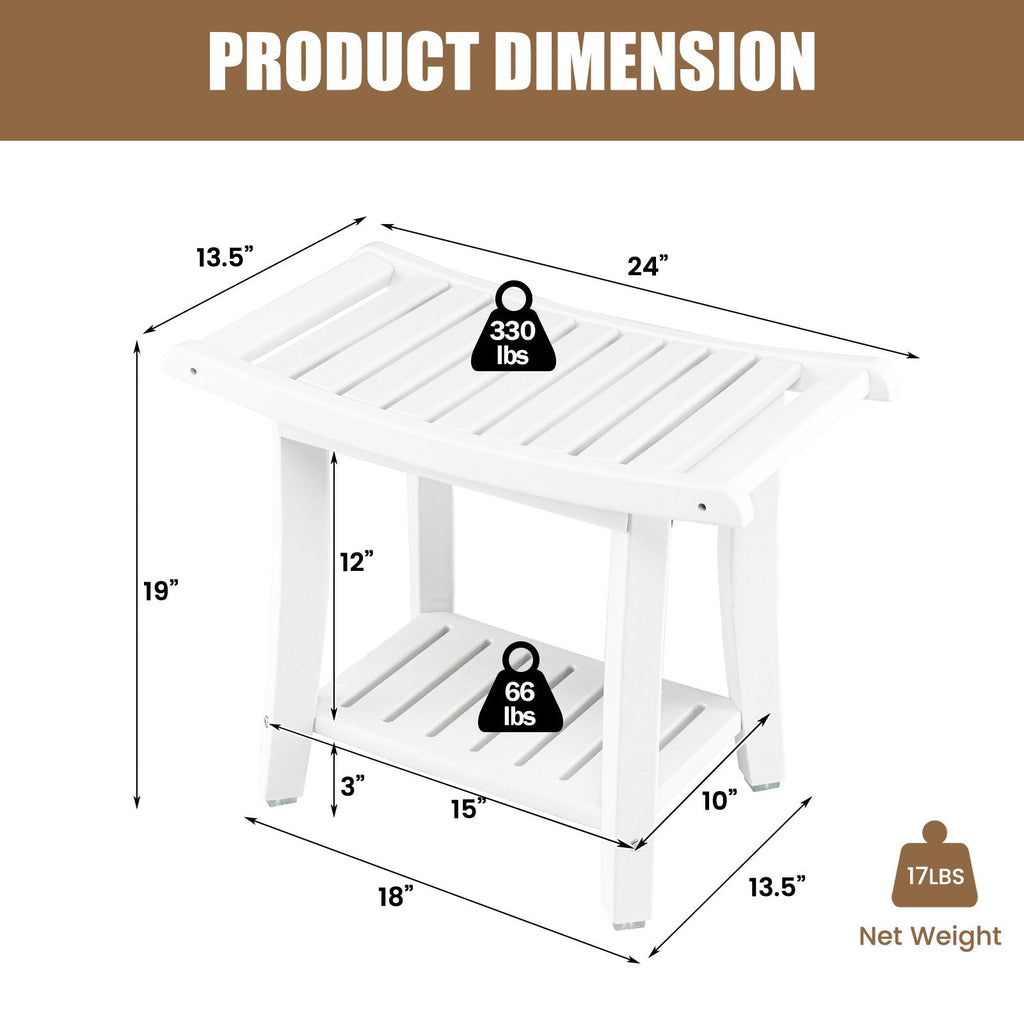Tabouret de Bain Étanche Robuste avec Siège Incurvé et Étagère de Rangement - Blanc