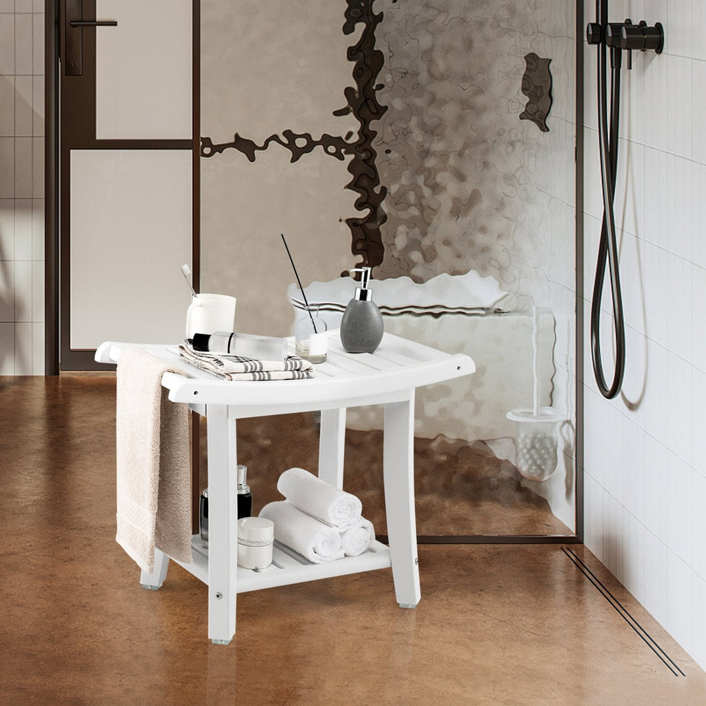 Tabouret de Bain Étanche Robuste avec Siège Incurvé et Étagère de Rangement - Blanc