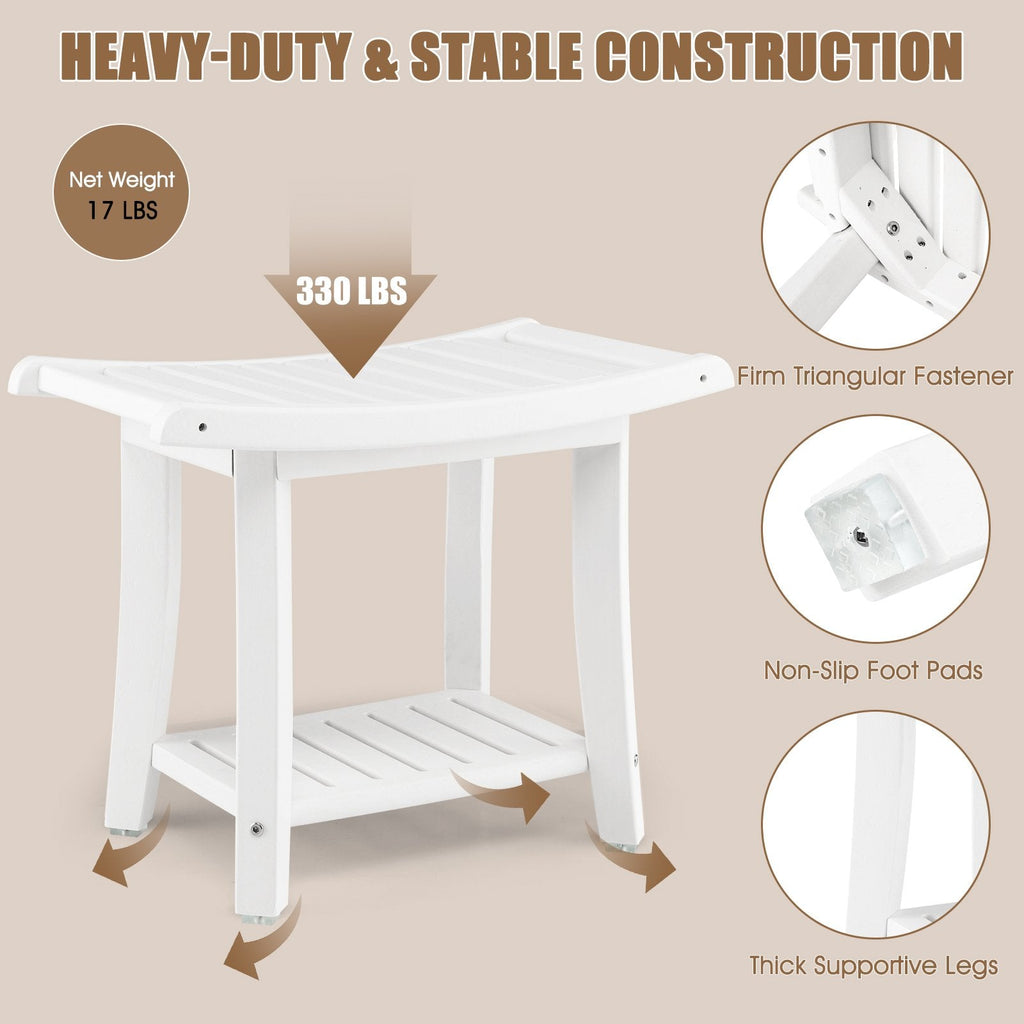 Tabouret de Bain Étanche Robuste avec Siège Incurvé et Étagère de Rangement - Blanc