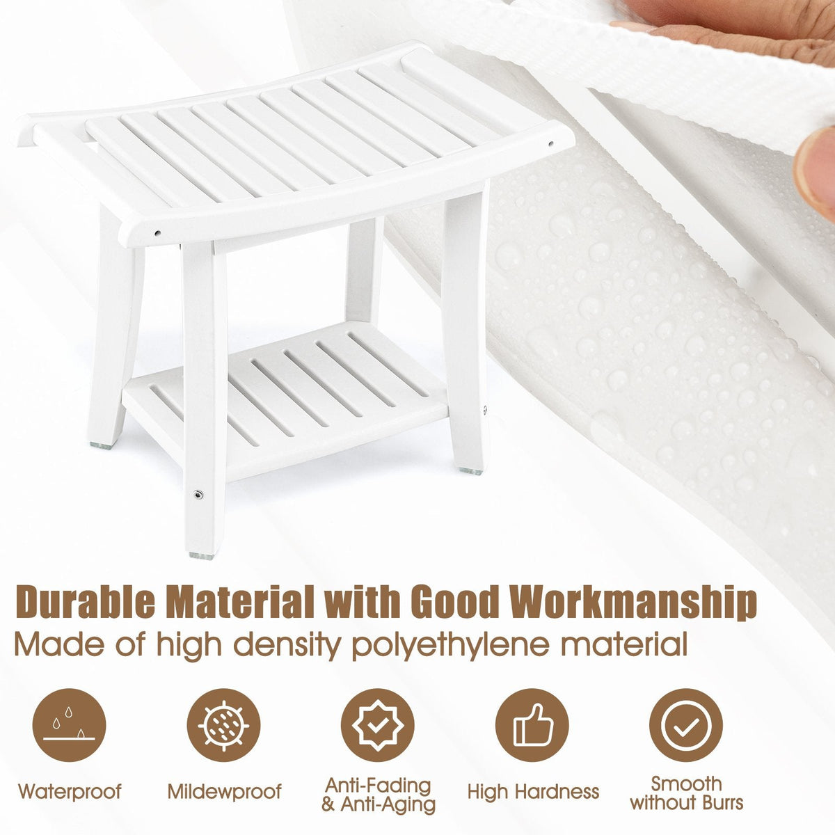 Tabouret de Bain Étanche Robuste avec Siège Incurvé et Étagère de Rangement - Blanc