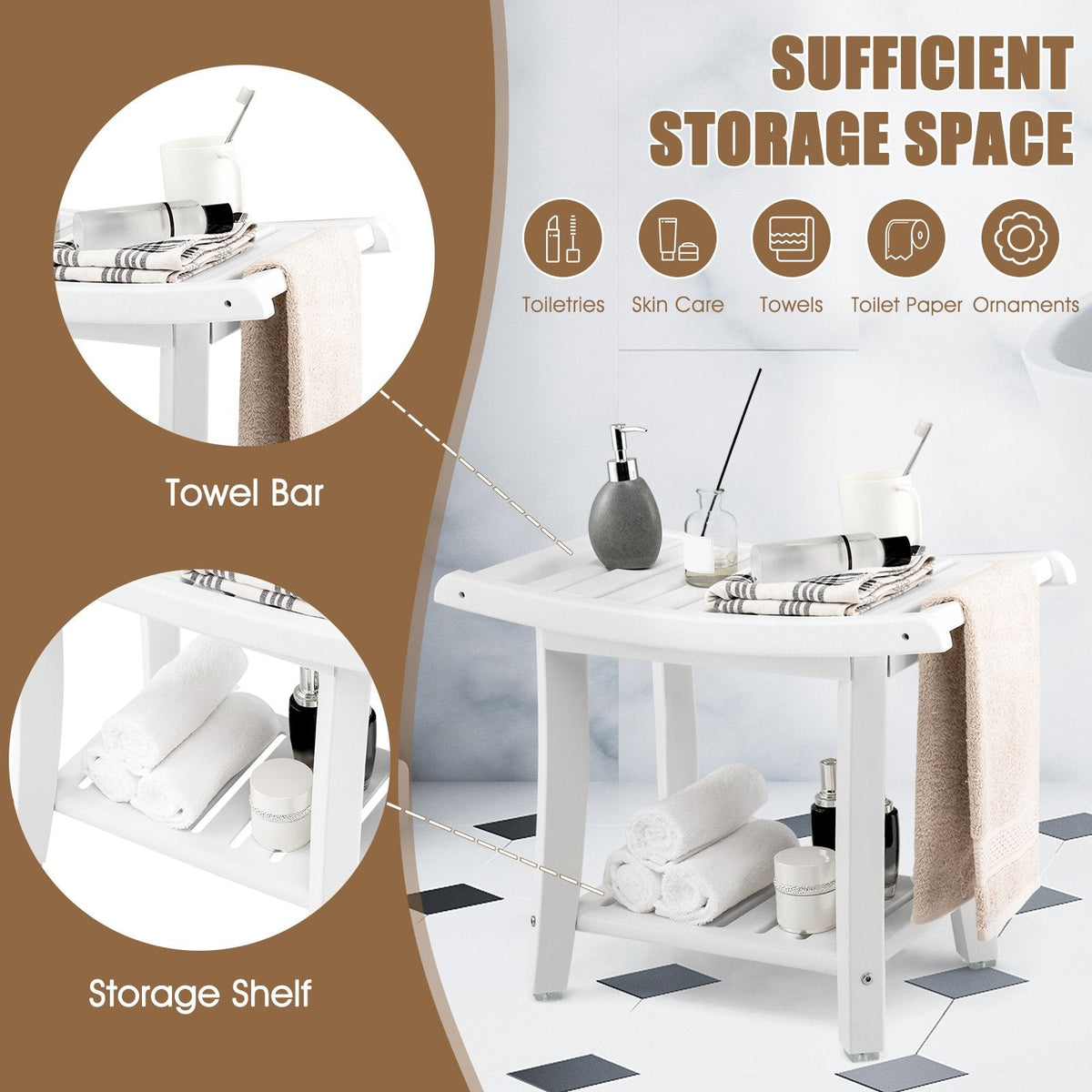 Tabouret de Bain Étanche Robuste avec Siège Incurvé et Étagère de Rangement - Blanc