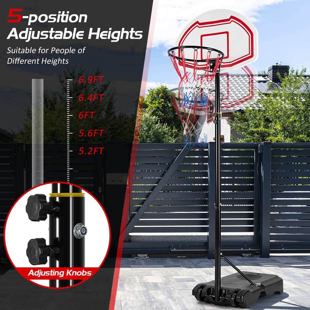 Canasta de baloncesto de altura ajustable con 2 redes y base rellenable