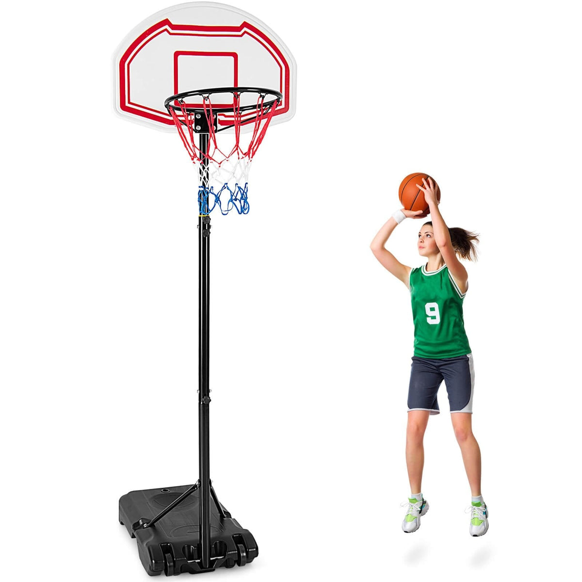 Canasta de baloncesto de altura ajustable con 2 redes y base rellenable
