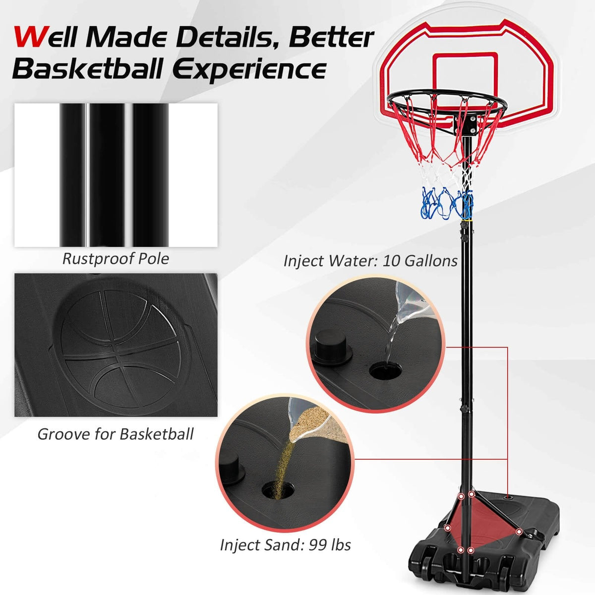 Canasta de baloncesto de altura ajustable con 2 redes y base rellenable