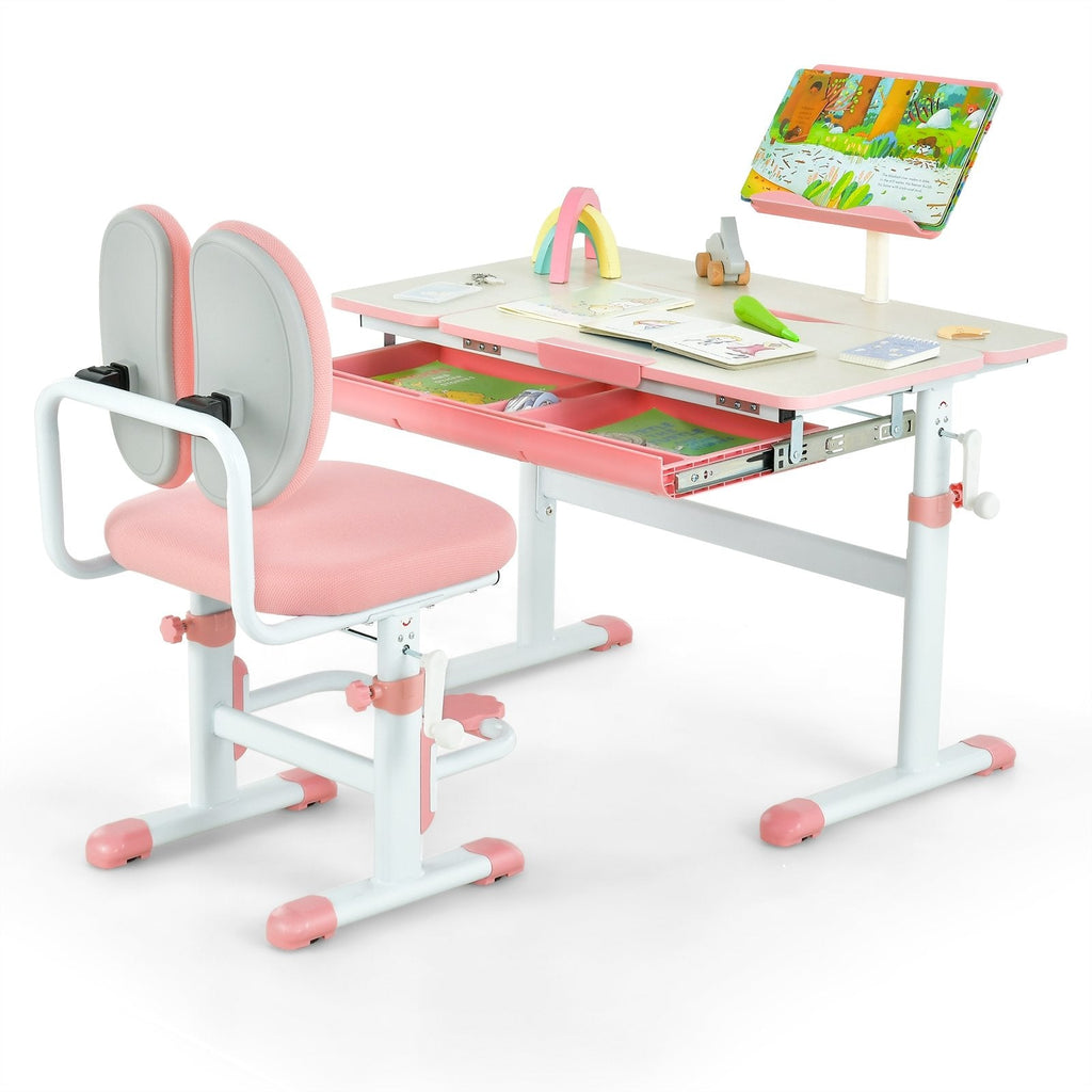 Set de escritorio y silla de estudio para niños con altura ajustable-Rosa
