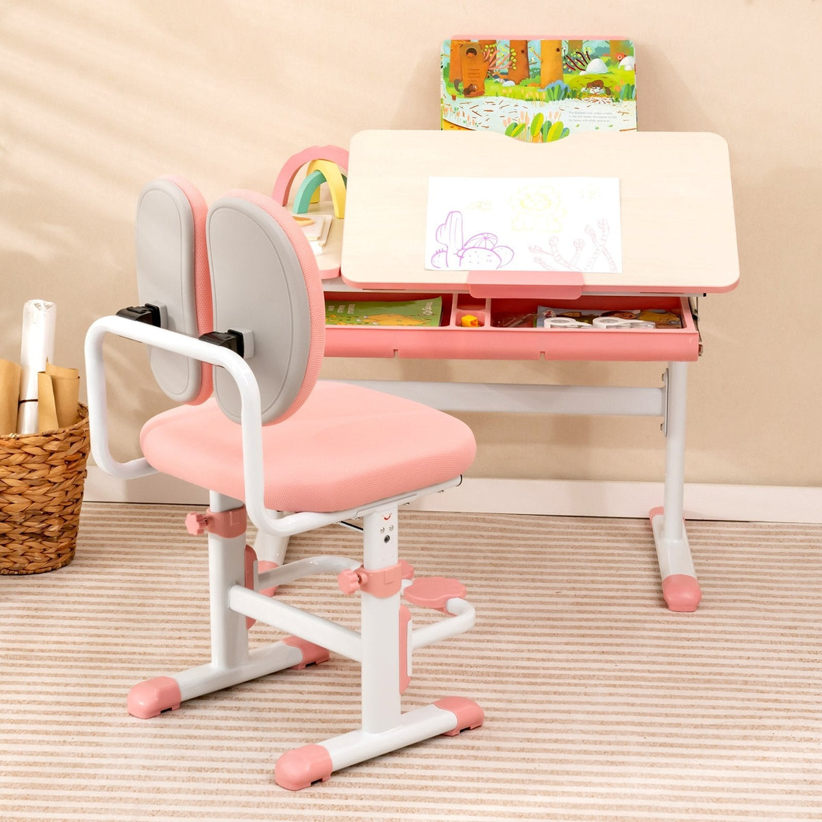 Set de escritorio y silla de estudio para niños con altura ajustable-Rosa