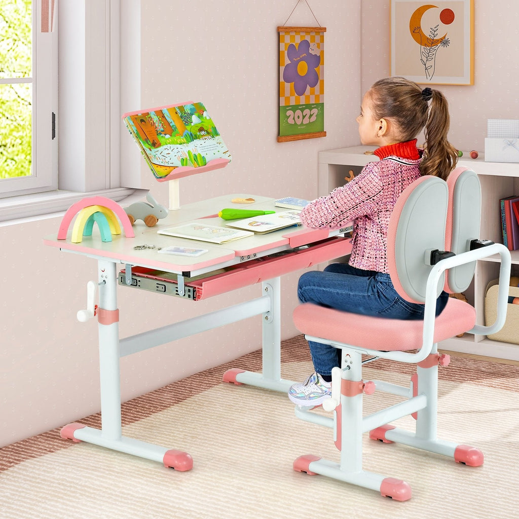 Set de escritorio y silla de estudio para niños con altura ajustable-Rosa