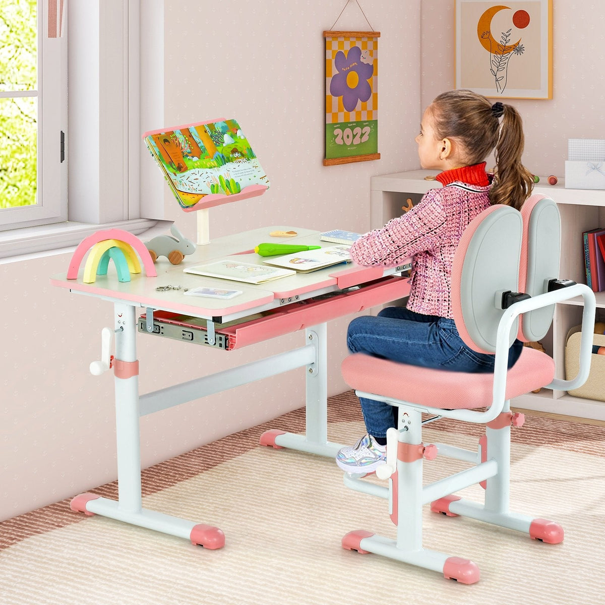 Set de escritorio y silla de estudio para niños con altura ajustable-Rosa