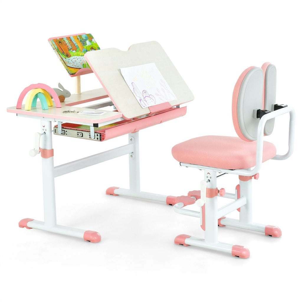 Set de escritorio y silla de estudio para niños con altura ajustable-Rosa