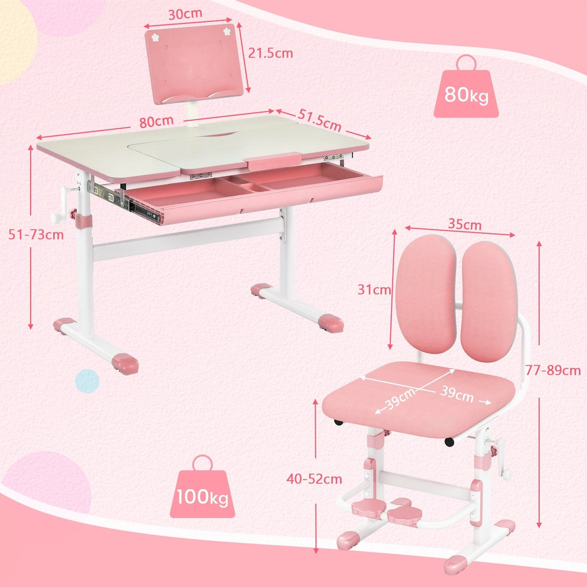 Set de escritorio y silla de estudio para niños con altura ajustable-Rosa