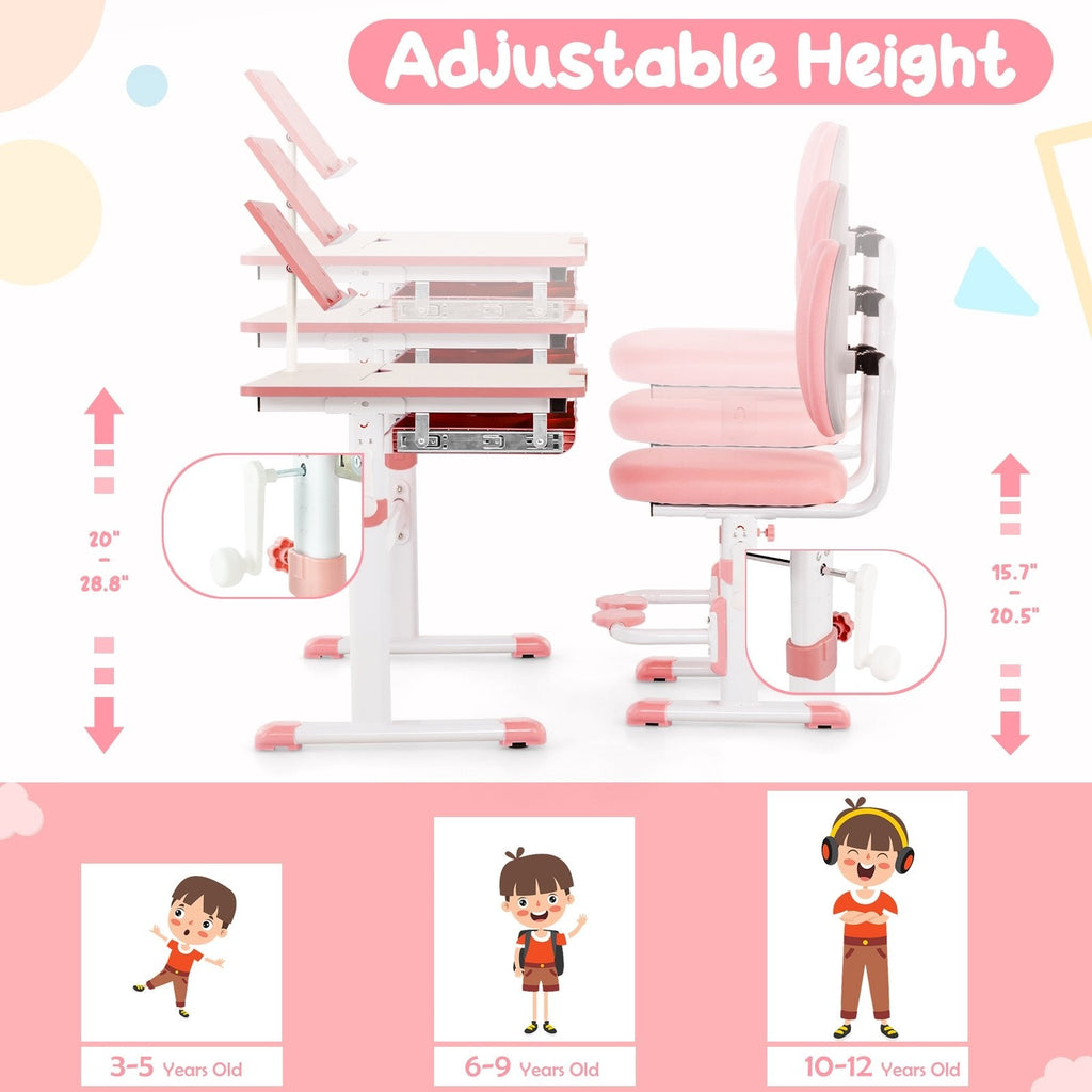 Set de escritorio y silla de estudio para niños con altura ajustable-Rosa