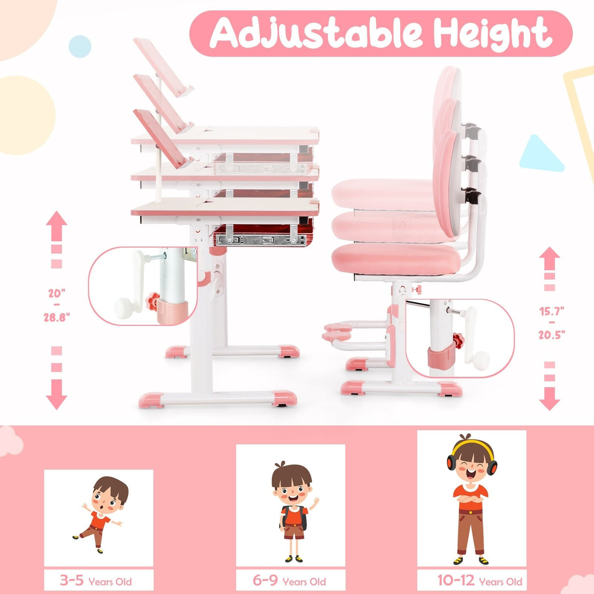 Set de escritorio y silla de estudio para niños con altura ajustable-Rosa