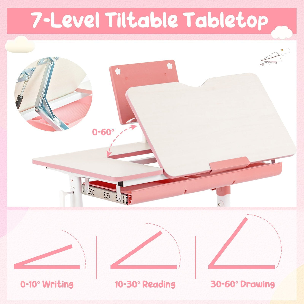 Set de escritorio y silla de estudio para niños con altura ajustable-Rosa