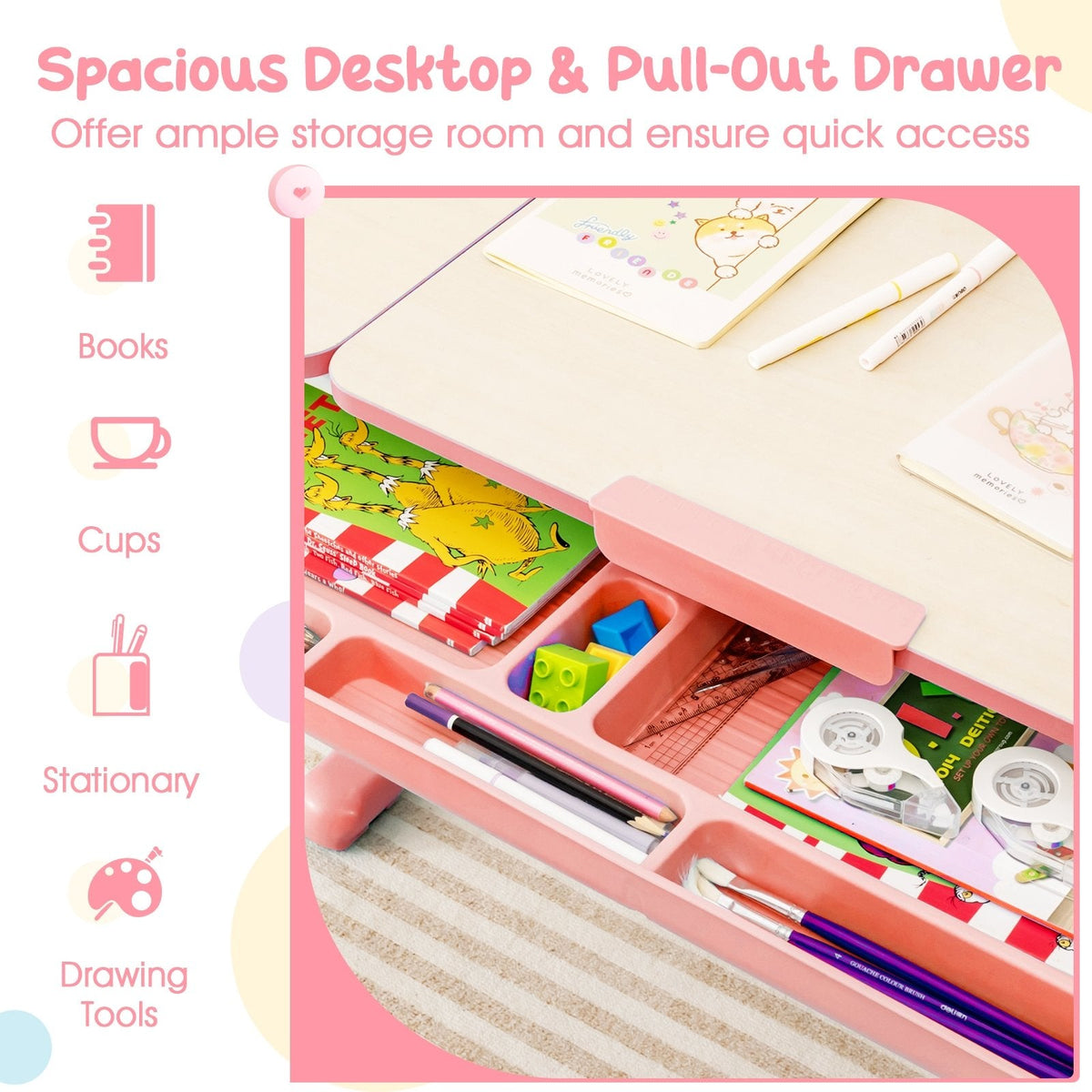 Set de escritorio y silla de estudio para niños con altura ajustable-Rosa