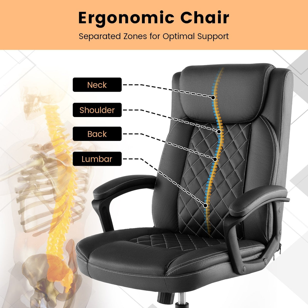 Ergonomischer Chefstuhl mit hoher Rückenlehne und dickem Nackenstützkissen – Schwarz