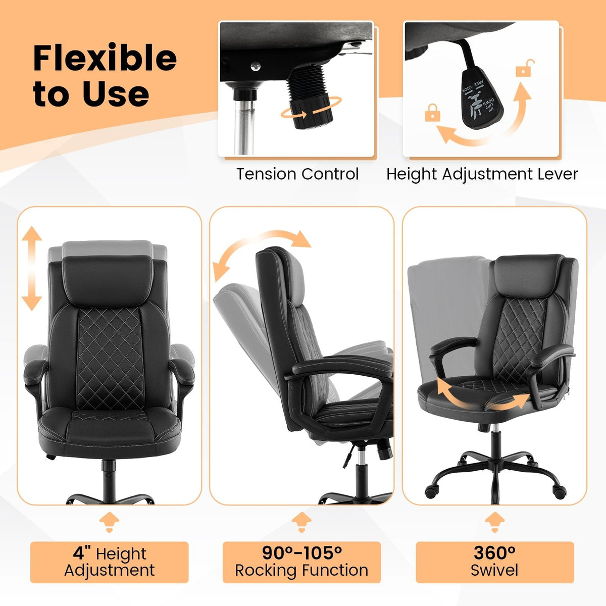 Ergonomischer Chefstuhl mit hoher Rückenlehne und dickem Nackenstützkissen – Schwarz