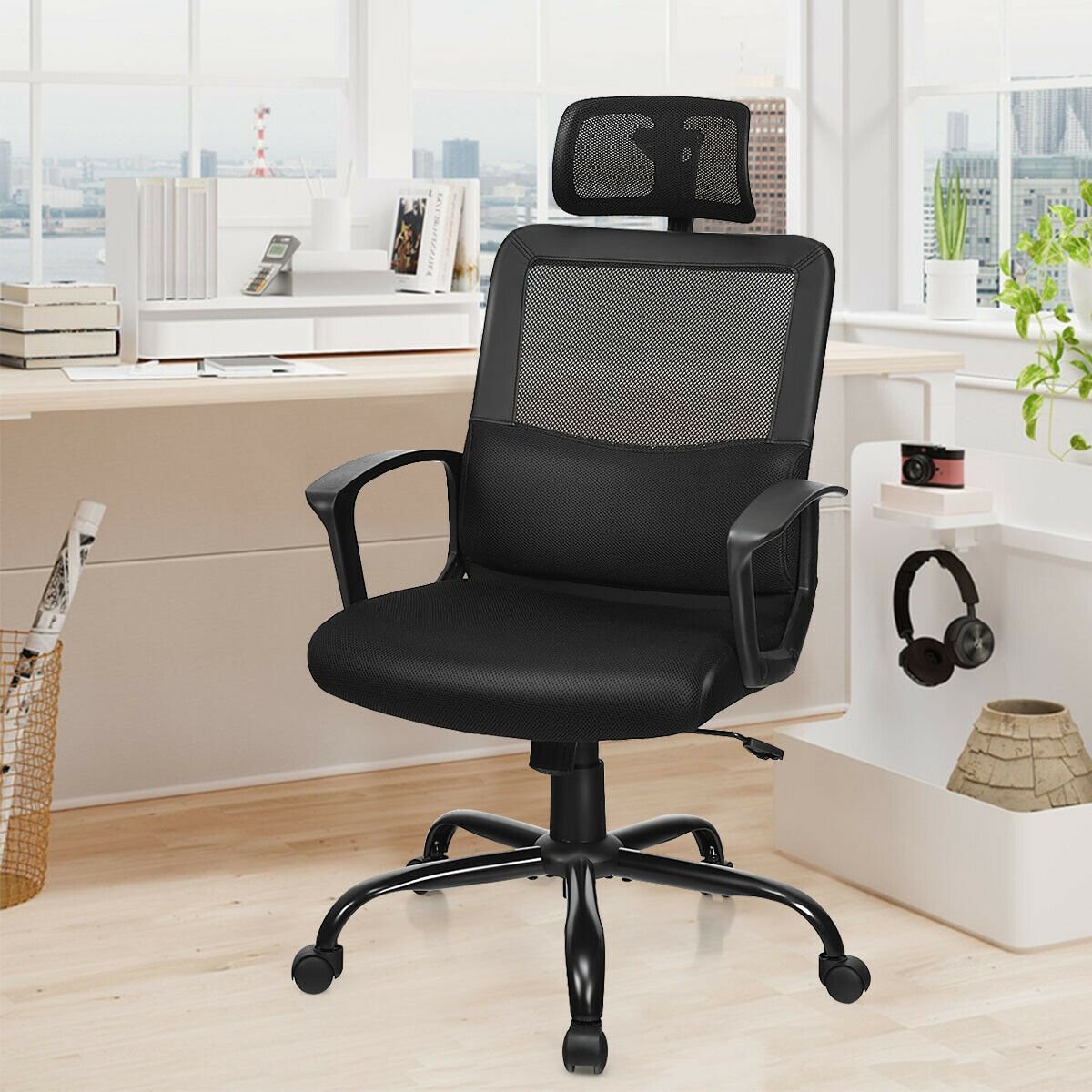 Silla de oficina ergonómica de respaldo alto con malla y base giratoria