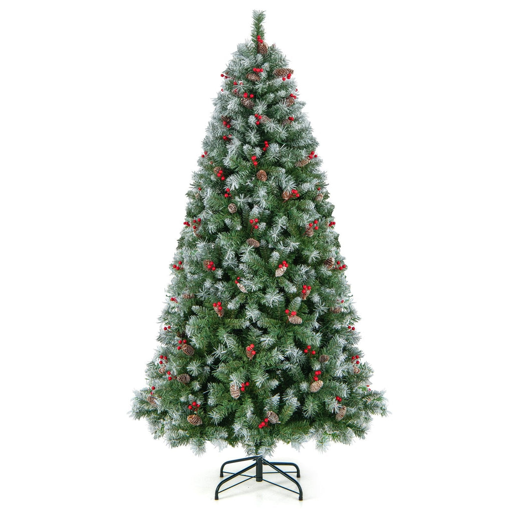 Árbol de Navidad nevado de 2,29 m con luces, 1368 ramas, 89 piñas, 267 bayas rojas y 560 luces LED