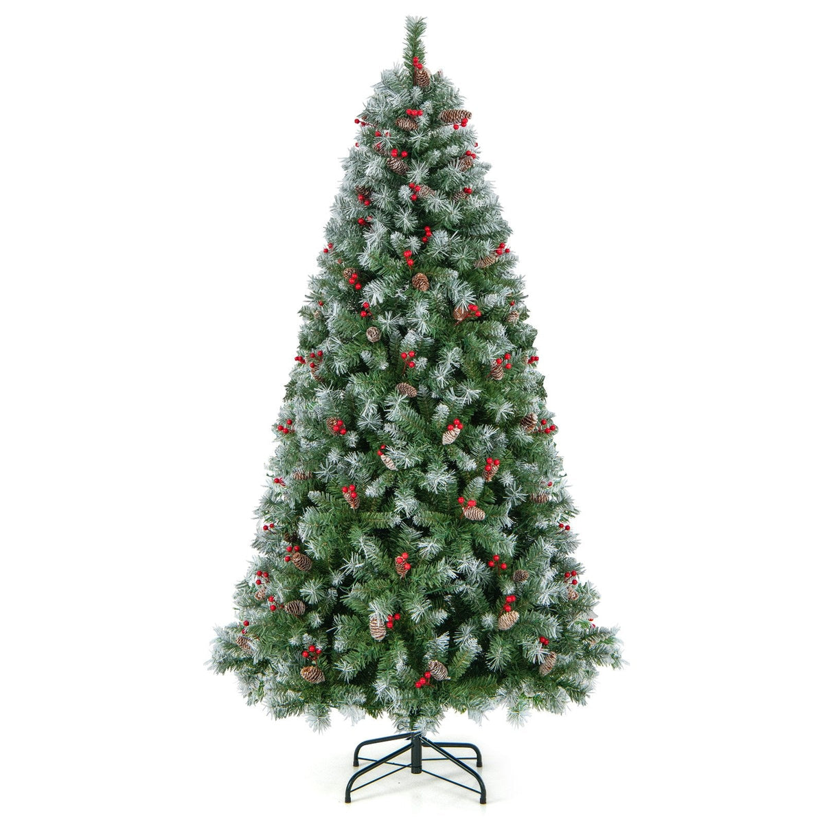 Árbol de Navidad nevado de 2,29 m con luces, 1368 ramas, 89 piñas, 267 bayas rojas y 560 luces LED