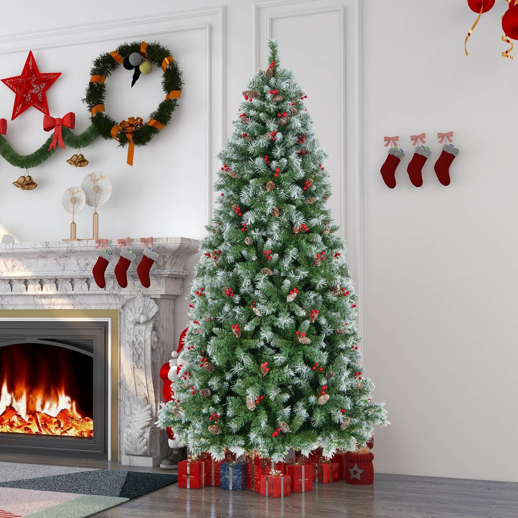 Árbol de Navidad nevado de 2,29 m con luces, 1368 ramas, 89 piñas, 267 bayas rojas y 560 luces LED