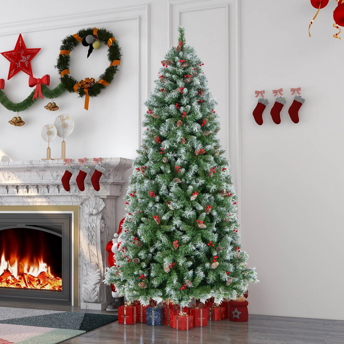 Árbol de Navidad nevado de 2,29 m con luces, 1368 ramas, 89 piñas, 267 bayas rojas y 560 luces LED