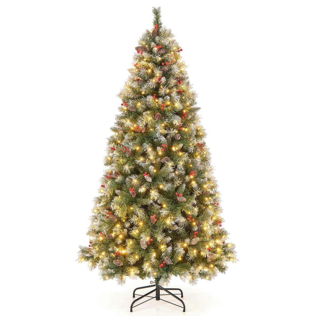 Árbol de Navidad nevado de 2,29 m con luces, 1368 ramas, 89 piñas, 267 bayas rojas y 560 luces LED