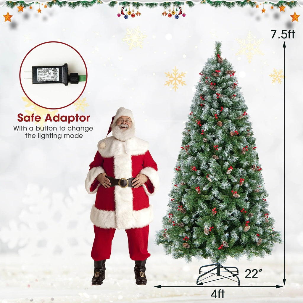 Árbol de Navidad nevado de 2,29 m con luces, 1368 ramas, 89 piñas, 267 bayas rojas y 560 luces LED