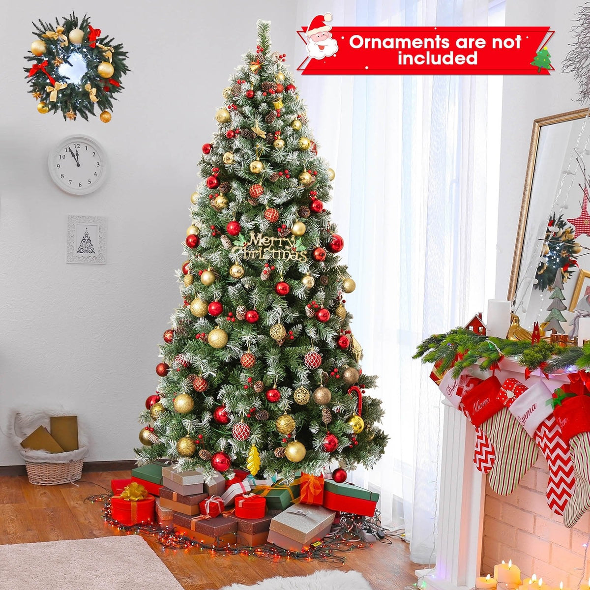 Árbol de Navidad nevado de 2,29 m con luces, 1368 ramas, 89 piñas, 267 bayas rojas y 560 luces LED