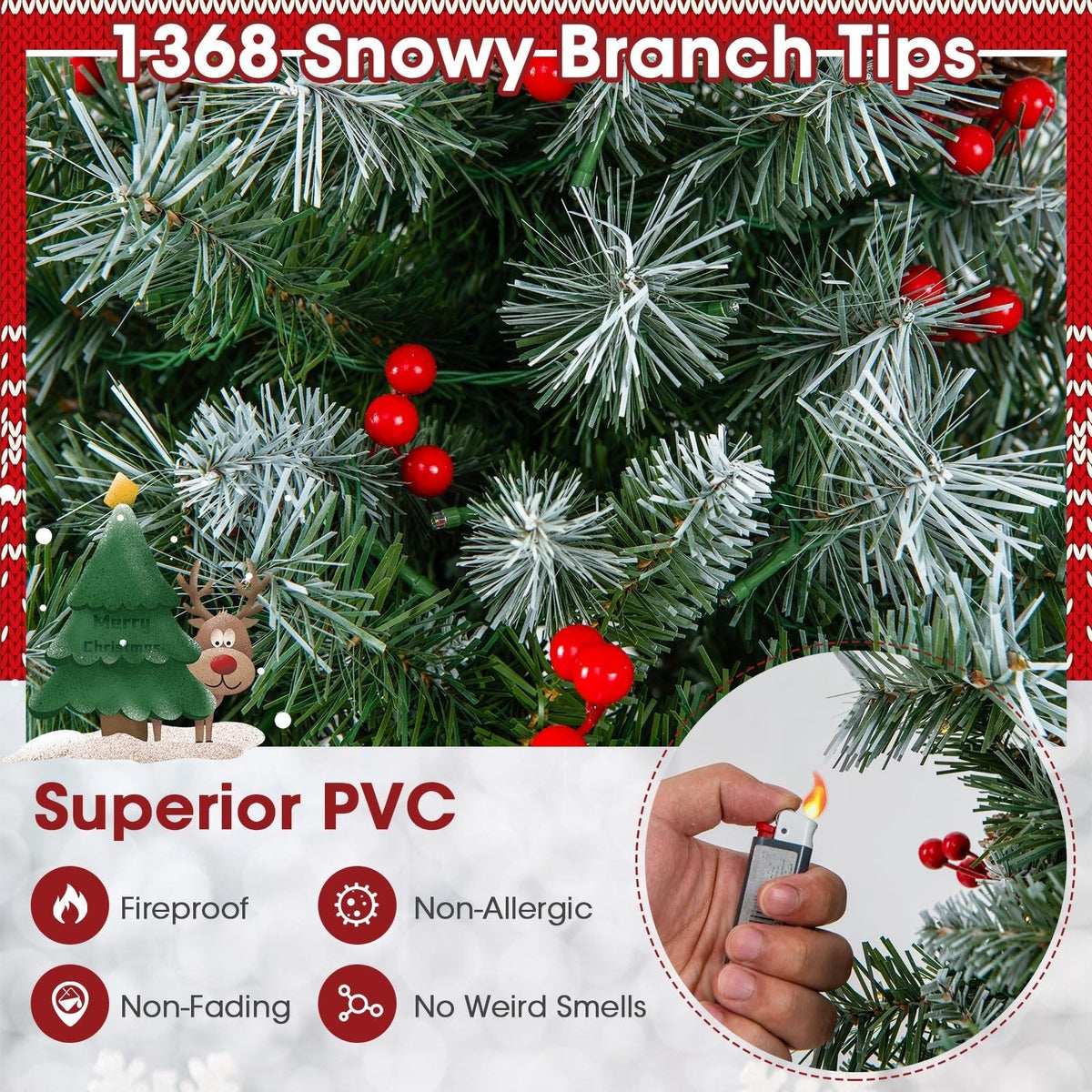 Árbol de Navidad nevado de 2,29 m con luces, 1368 ramas, 89 piñas, 267 bayas rojas y 560 luces LED