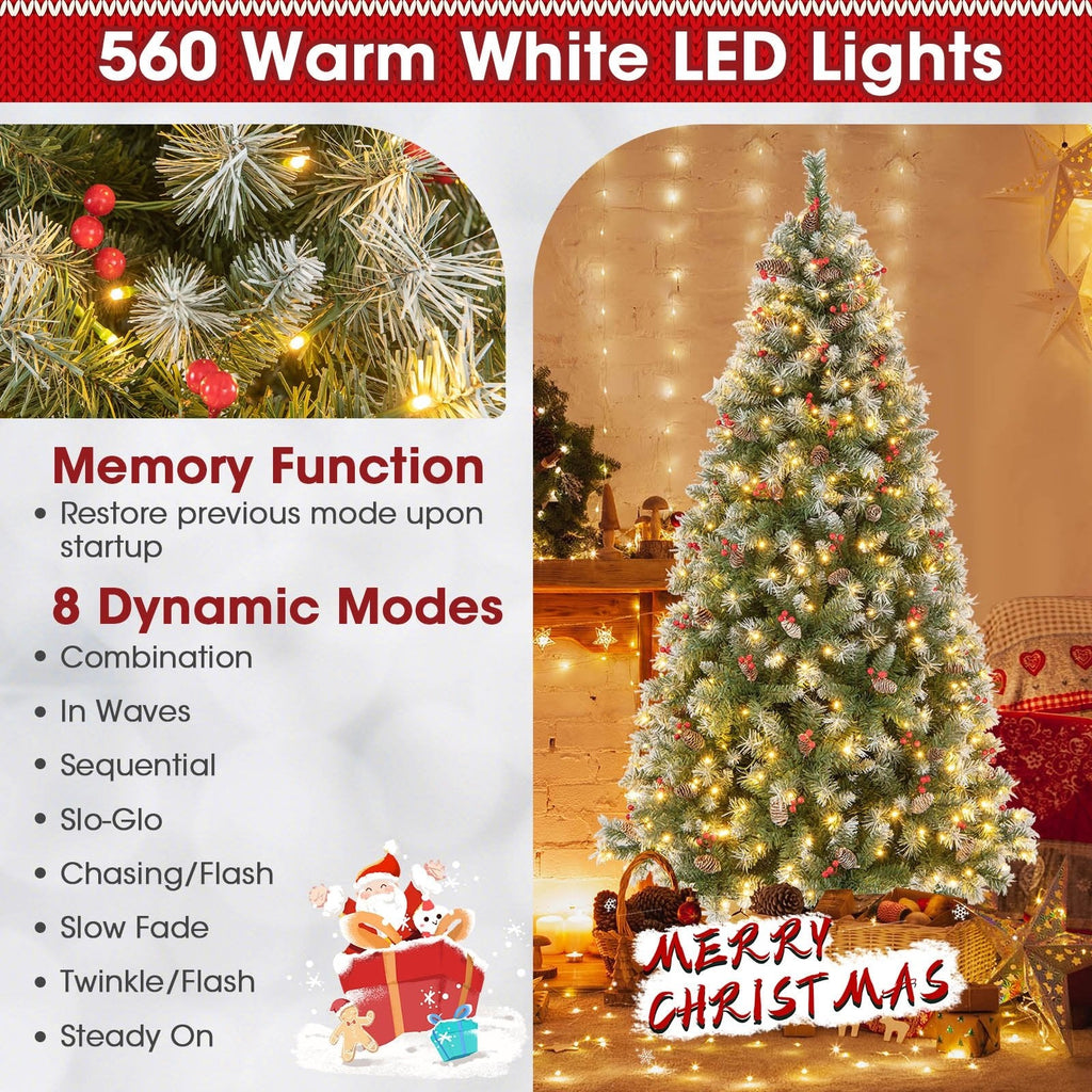 Árbol de Navidad nevado de 2,29 m con luces, 1368 ramas, 89 piñas, 267 bayas rojas y 560 luces LED