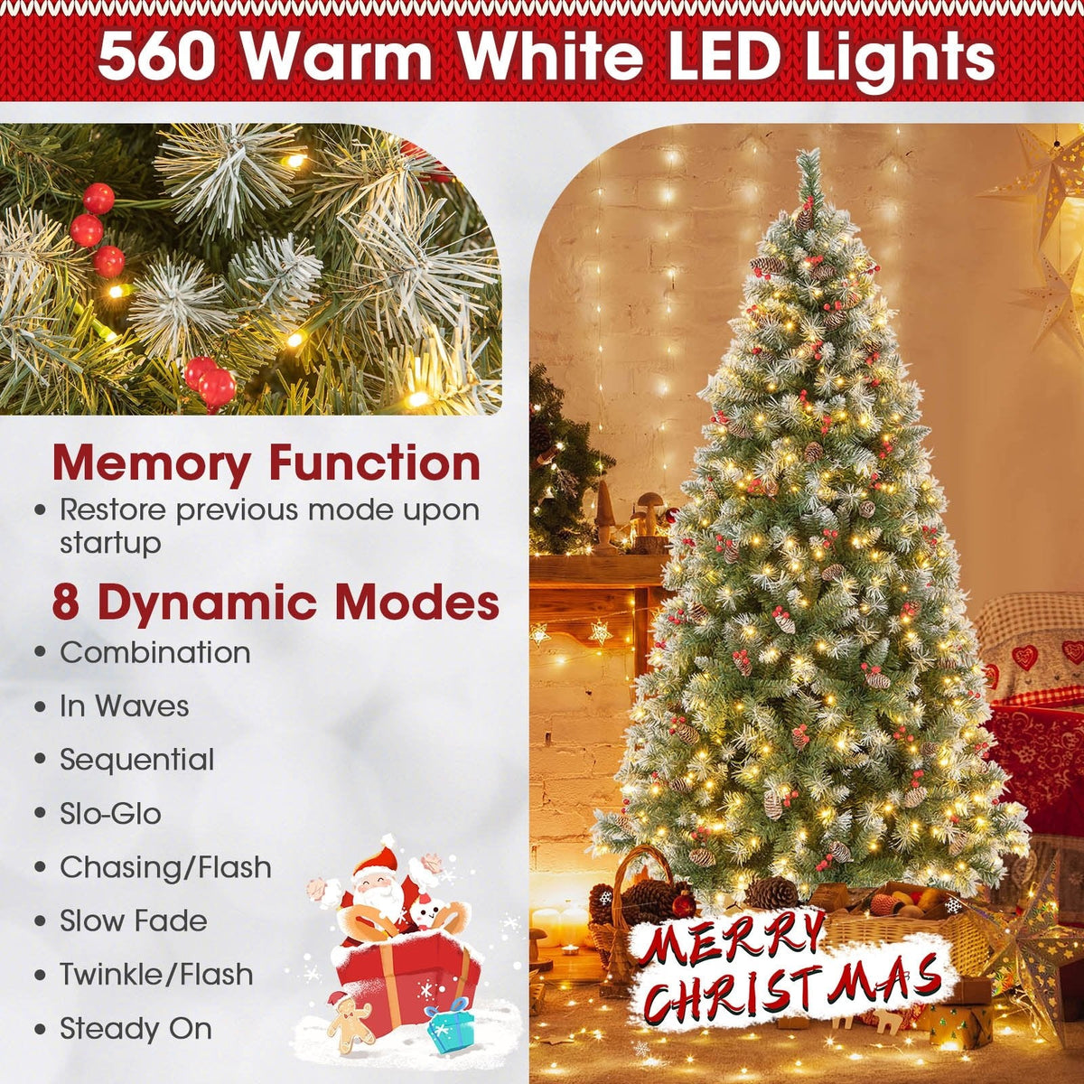 Árbol de Navidad nevado de 2,29 m con luces, 1368 ramas, 89 piñas, 267 bayas rojas y 560 luces LED