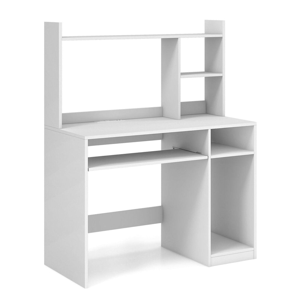 Bureau d'ordinateur de bureau avec bibliothèque, tablette coulissante pour clavier et support UC - Blanc