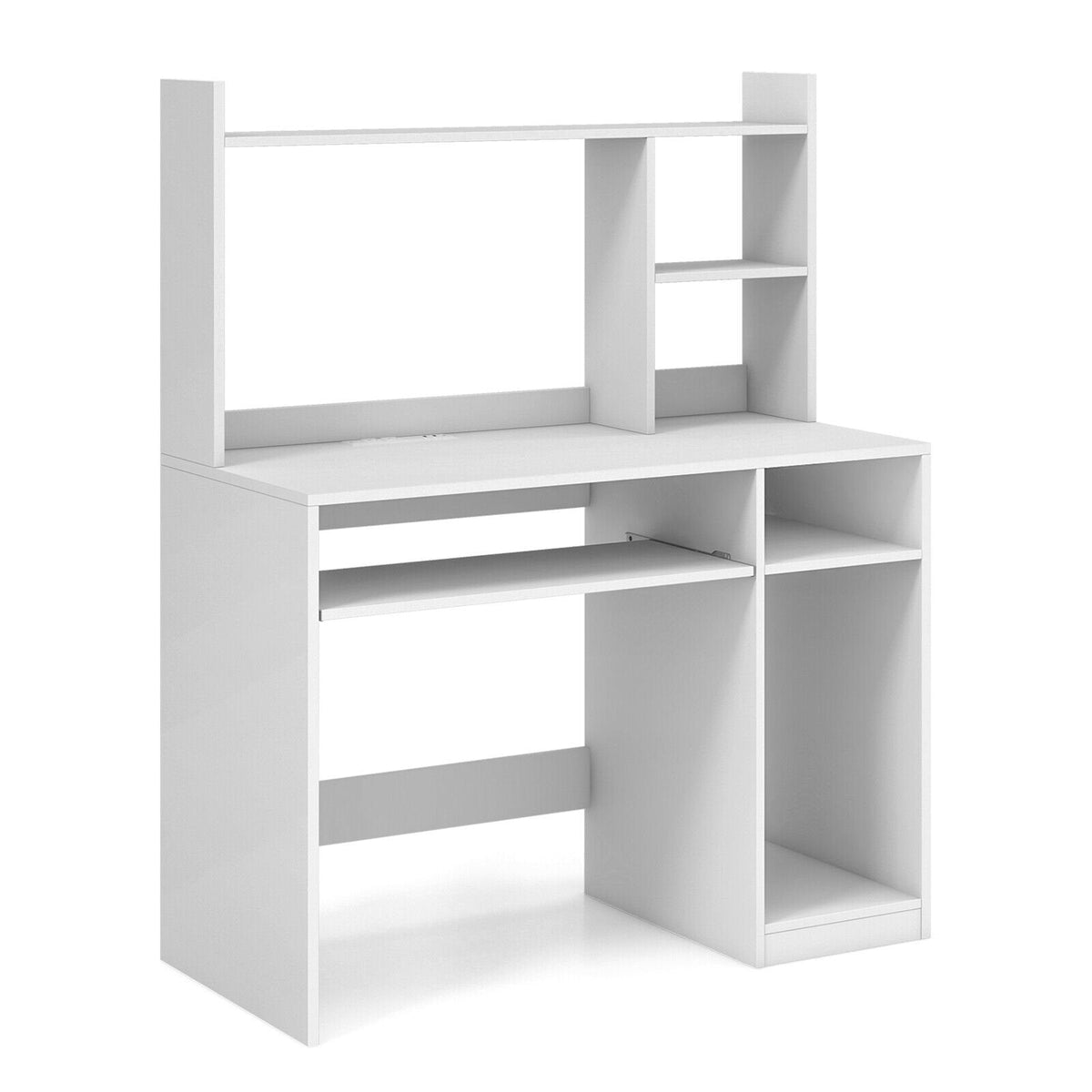 Bureau d'ordinateur de bureau avec bibliothèque, tablette coulissante pour clavier et support UC - Blanc