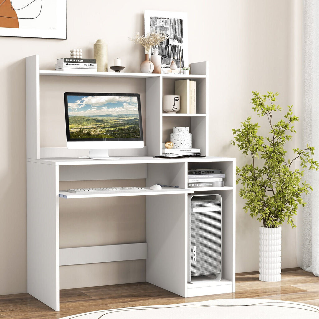 Bureau d'ordinateur de bureau avec bibliothèque, tablette coulissante pour clavier et support UC - Blanc
