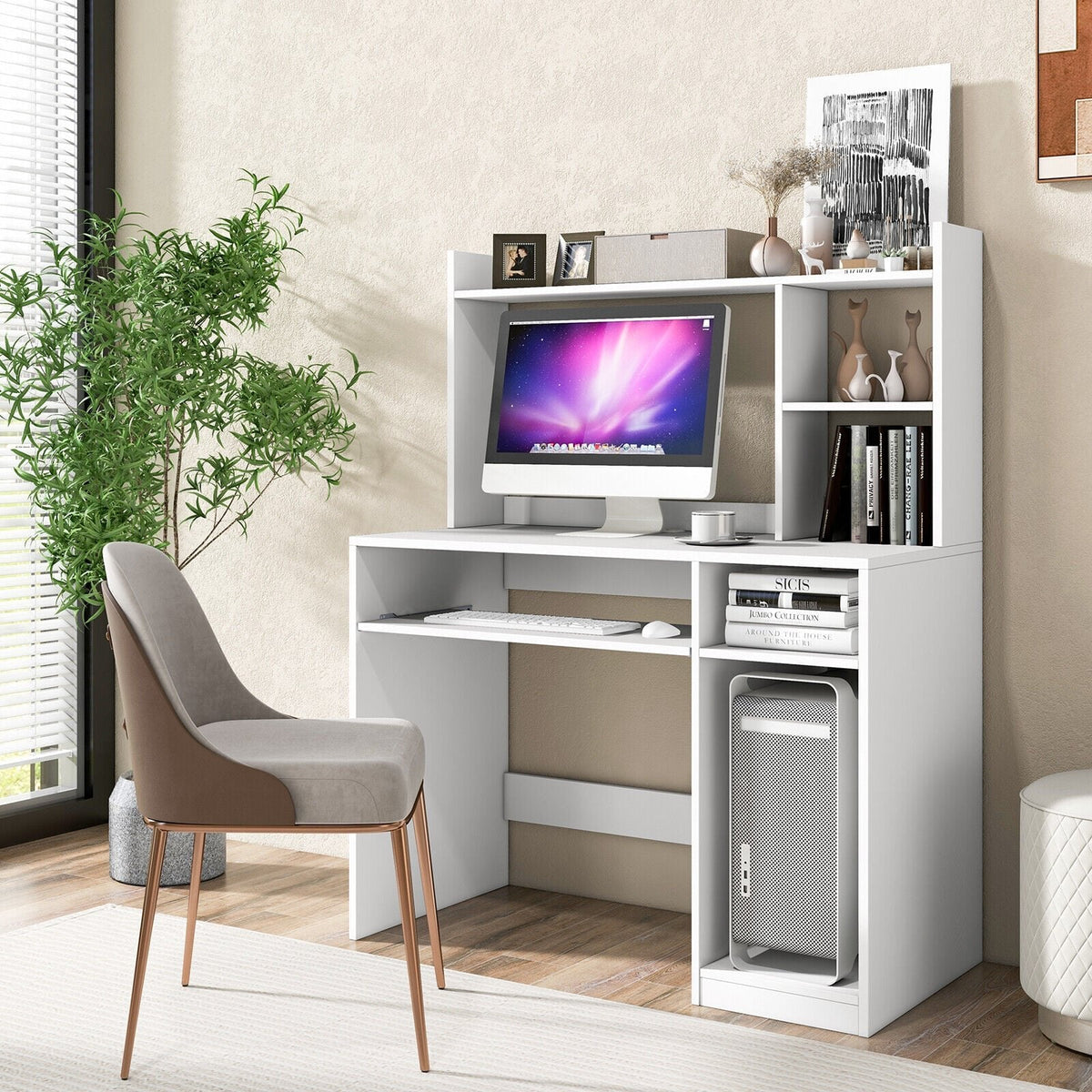 Bureau d'ordinateur de bureau avec bibliothèque, tablette coulissante pour clavier et support UC - Blanc