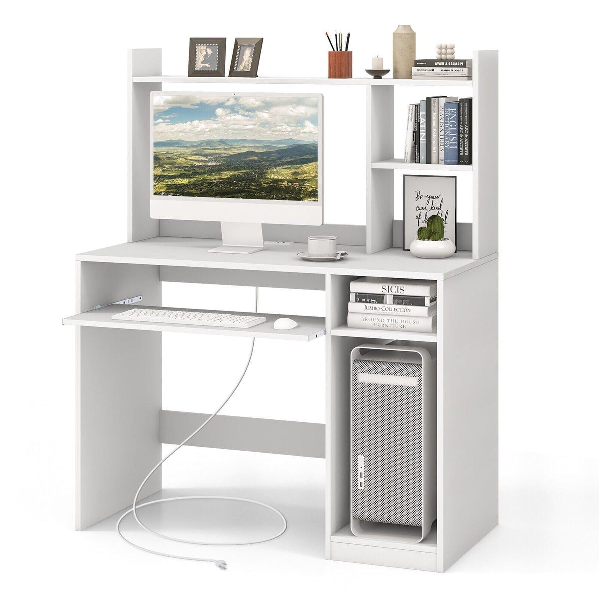 Bureau d'ordinateur de bureau avec bibliothèque, tablette coulissante pour clavier et support UC - Blanc