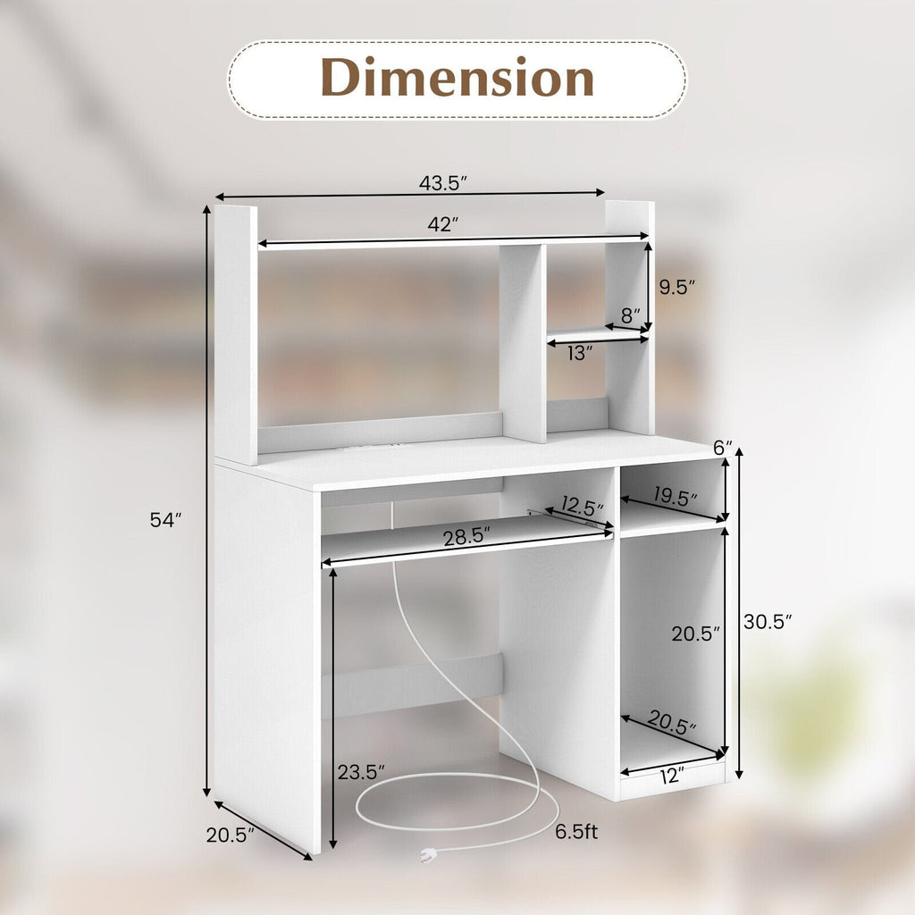 Bureau d'ordinateur de bureau avec bibliothèque, tablette coulissante pour clavier et support UC - Blanc