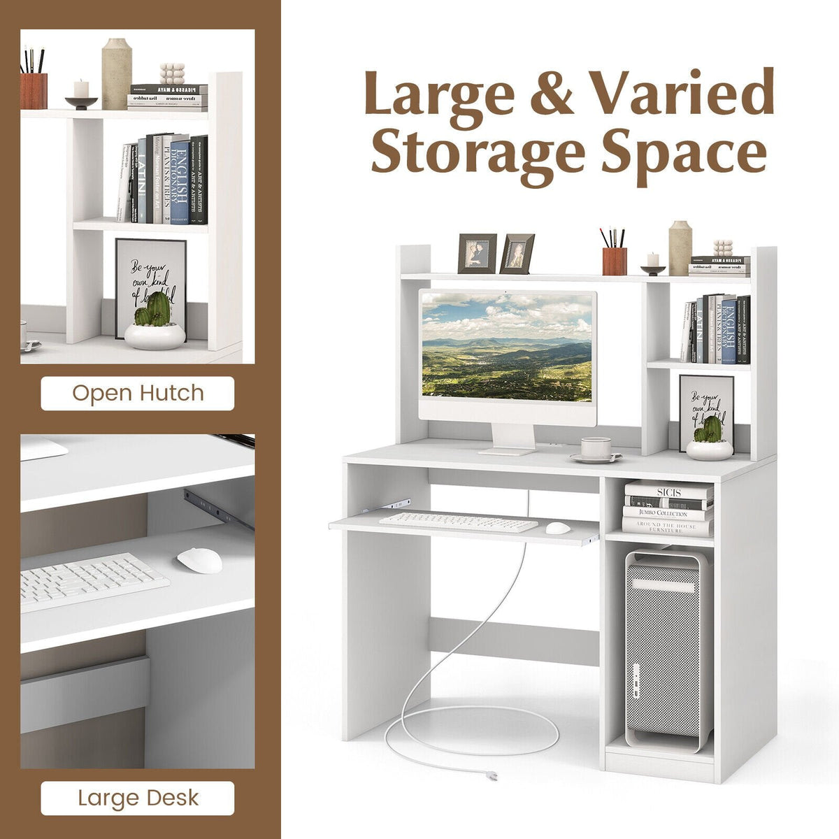 Bureau d'ordinateur de bureau avec bibliothèque, tablette coulissante pour clavier et support UC - Blanc