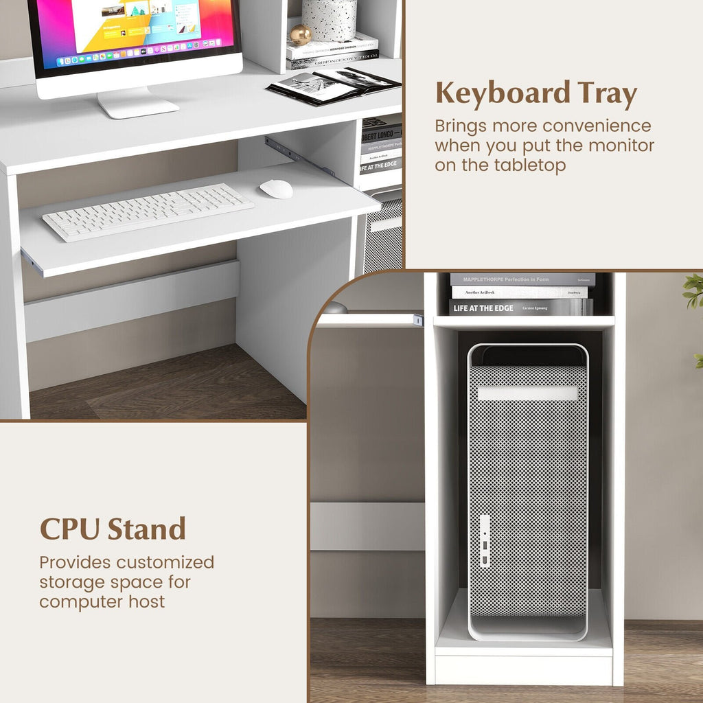 Bureau d'ordinateur de bureau avec bibliothèque, tablette coulissante pour clavier et support UC - Blanc