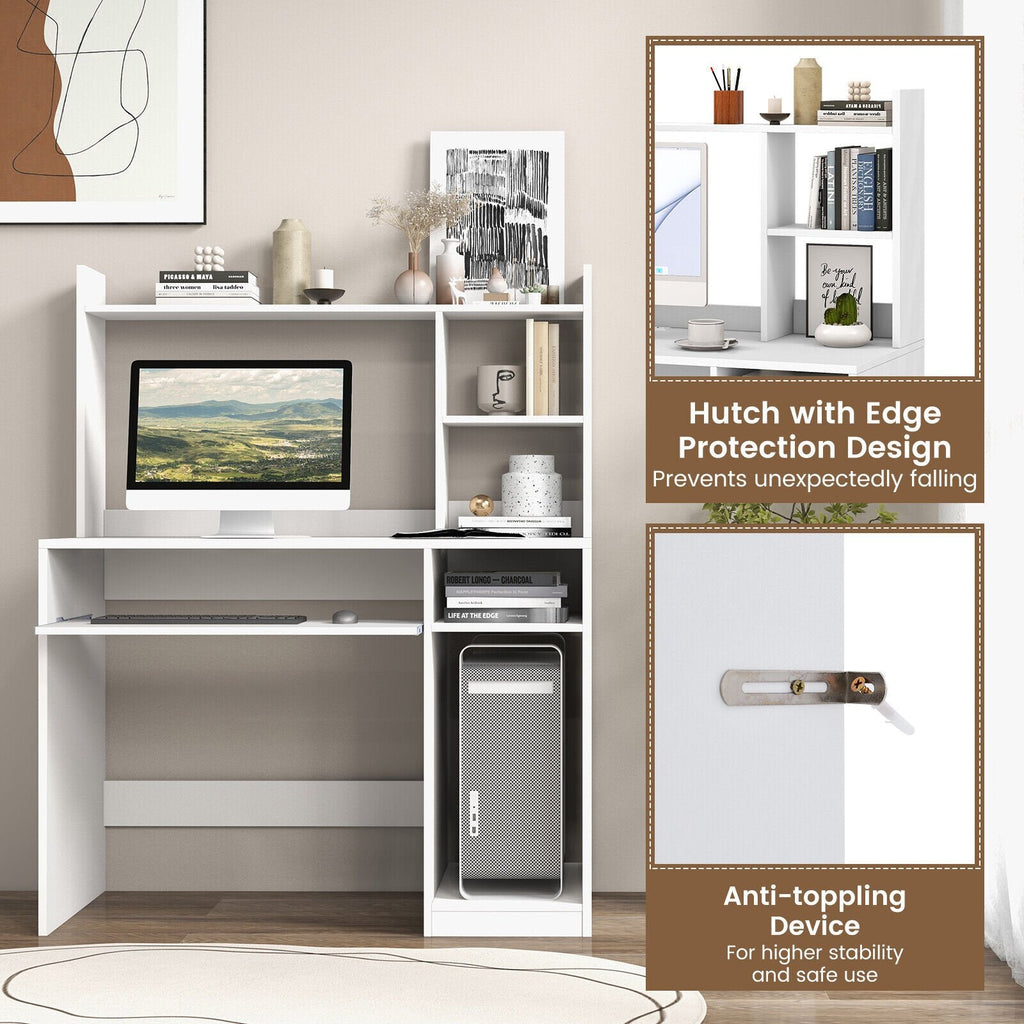 Bureau d'ordinateur de bureau avec bibliothèque, tablette coulissante pour clavier et support UC - Blanc